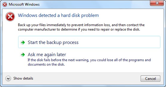 Thông báo lỗi windows detected a hard disk problem