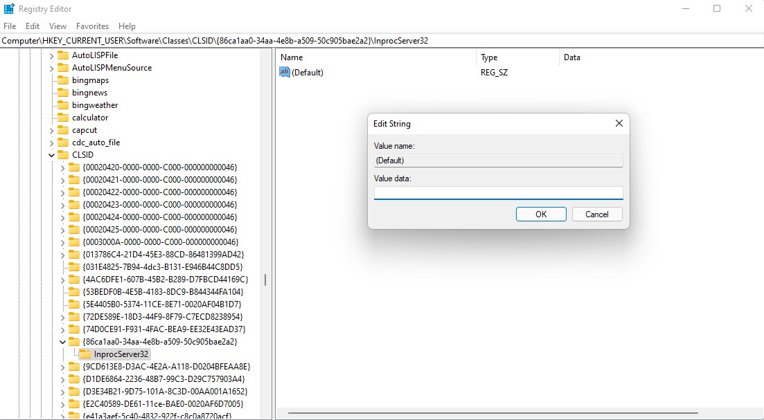 Trong key InprocServer32, Windows sẽ tự tạo một String Value mới tên là Default. Nhấp đúp chuột vào String Value Default và đảm bảo rằng mục Value data không chứa giá trị nào (bỏ trống)