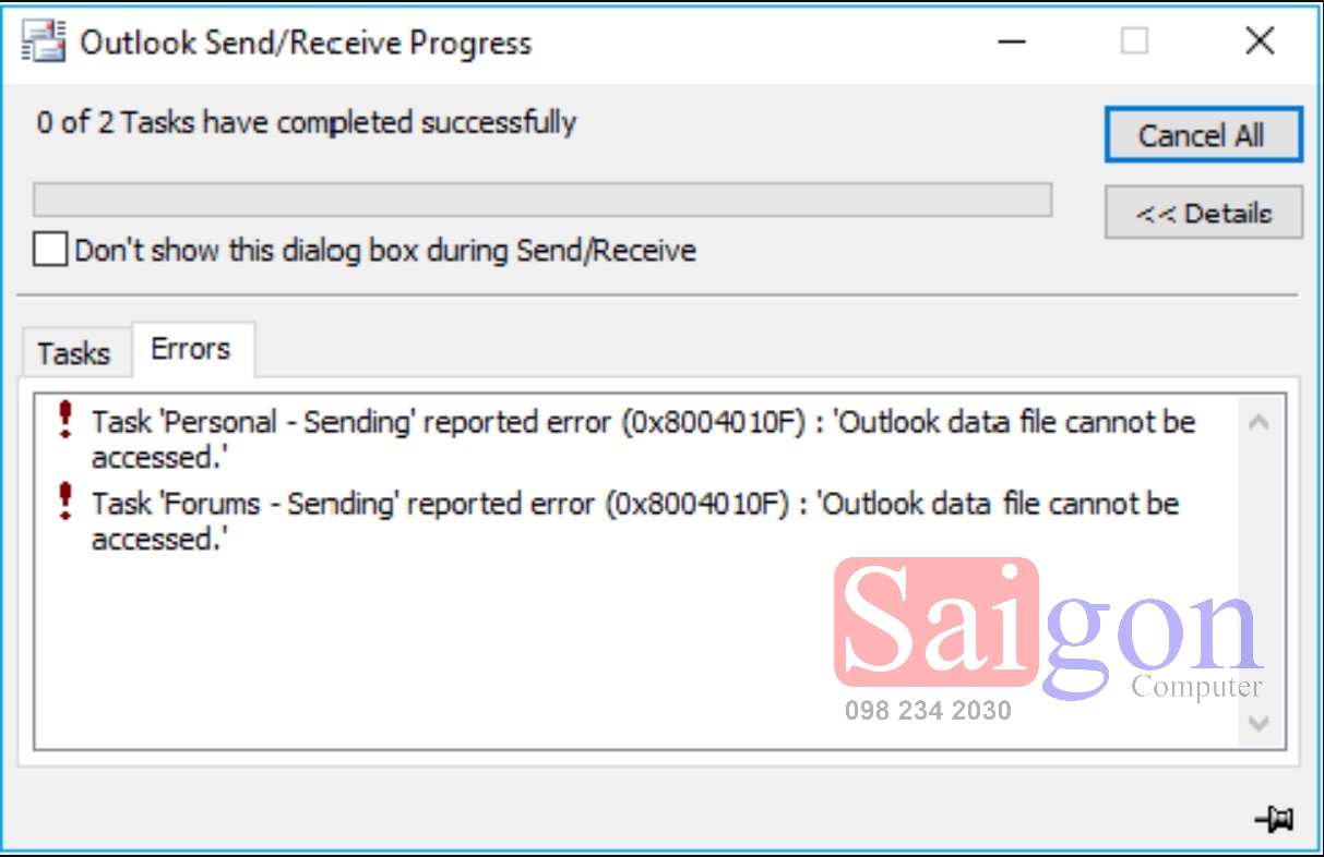Sửa lỗi 0x8004010F Outlook data file cannot be accessed